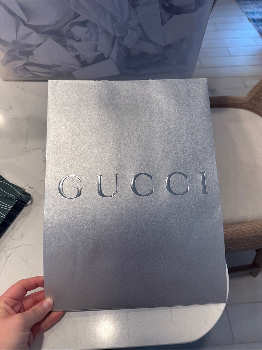 Authentic Gucci Silver Shimmer Paper Gift Bag
